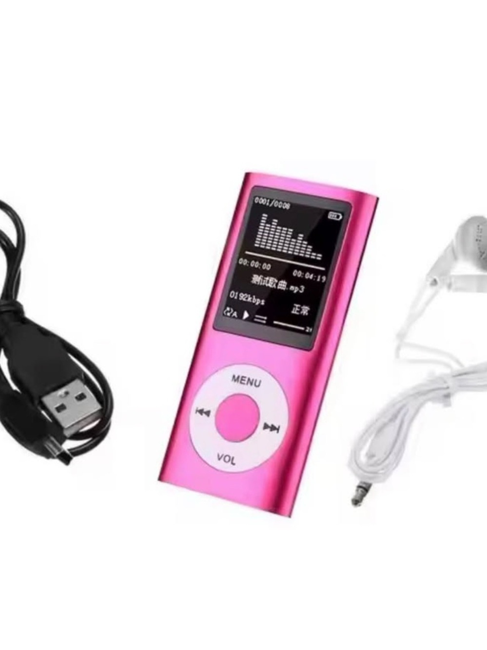 Portable Pink MP3 Player with Headphones and USB Cable